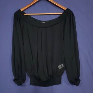 GUESS Women Blouse S Black Chiffon Sheer Off Shoulder Boho Peasant Top Size S/P
